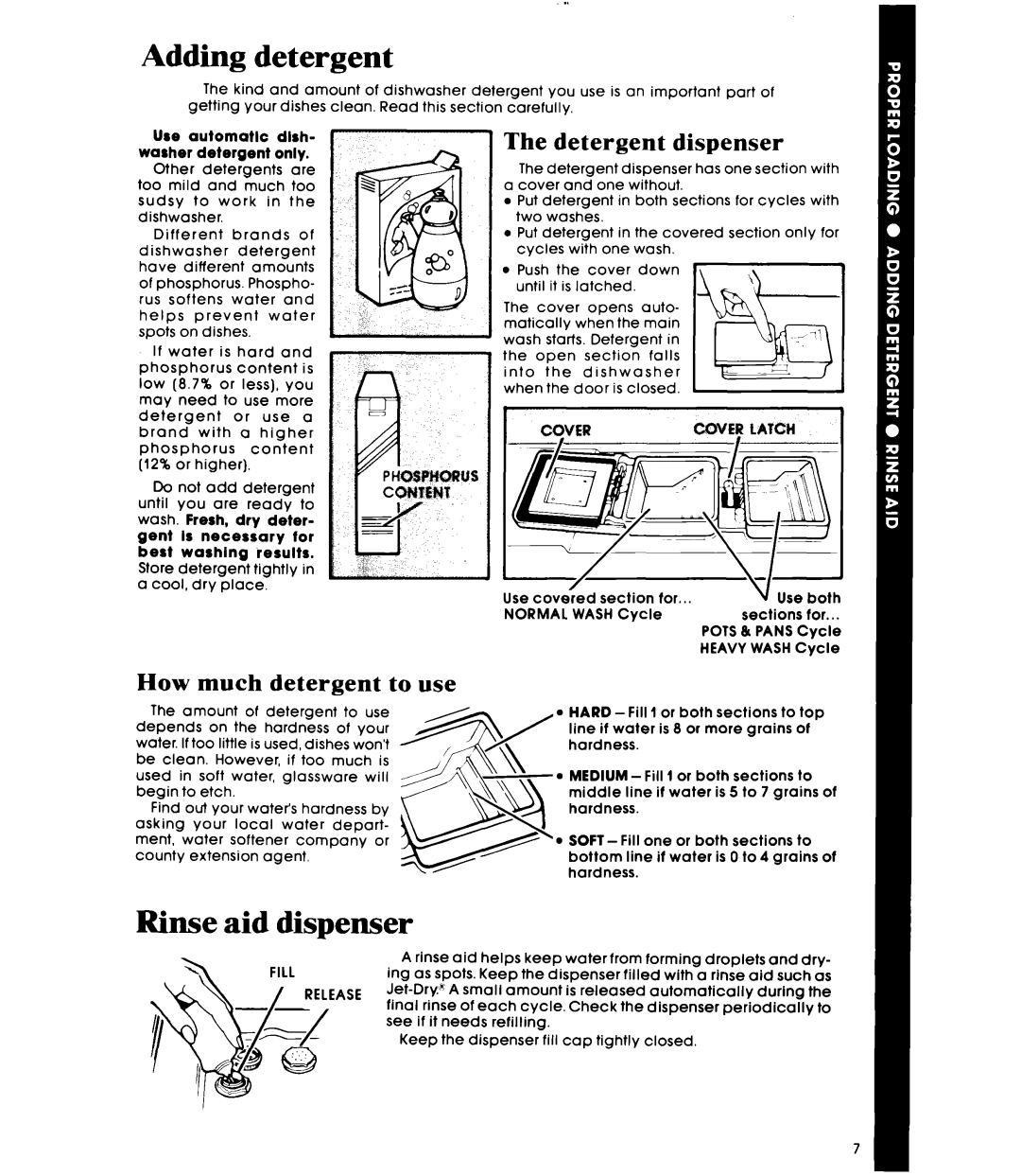 Whirlpool DU4040XP manual Adding detergent, Rinse aid dispenser, Detergent dispenser, How much detergent to use 