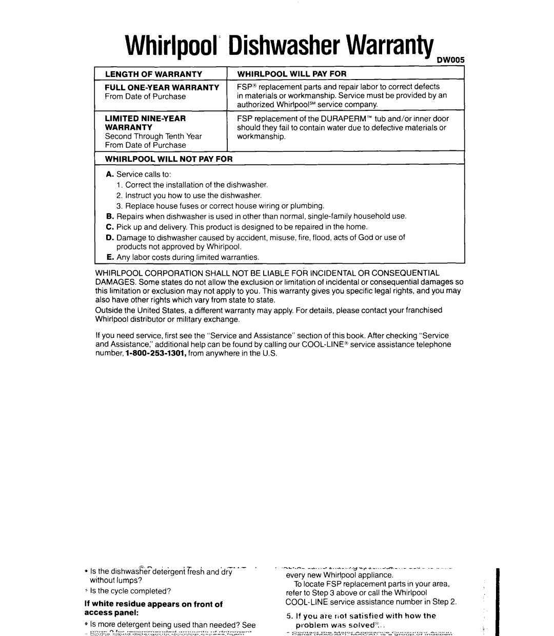 Whirlpool DU4095XX, DU5016XW manual Whirlpool’DishwasherWarranty, Whirlpool will PAY for 