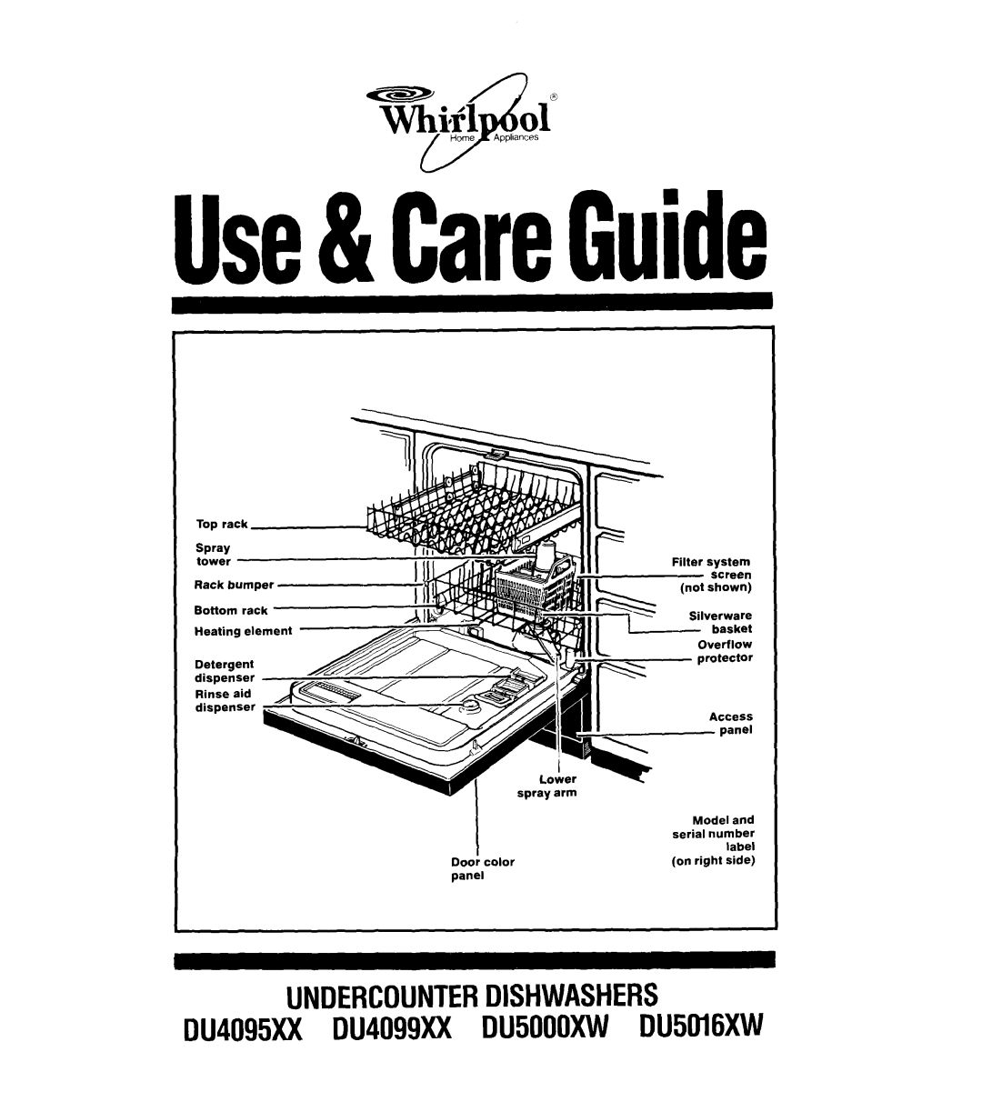 Whirlpool manual Use&CareGuide, i$l d, Undercounterdishwashers, DU4095XX DU4099XX DU5000XW DU5016XW, Spray, label, side 