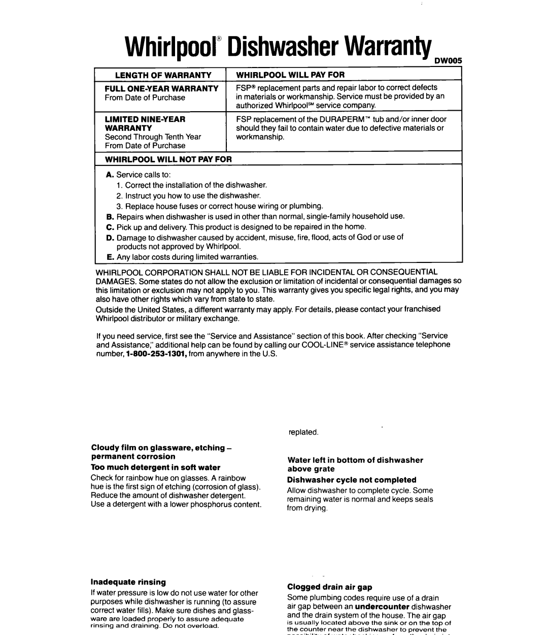 Whirlpool DU4099XX, DU500OXW manual WhirlpoolDishwasherWarranty, DW005 