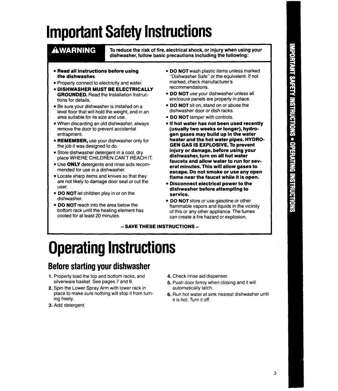 Whirlpool DU500OXW, DU4099XX manual ImportantSafetyInstructions, OperatingInstructions 