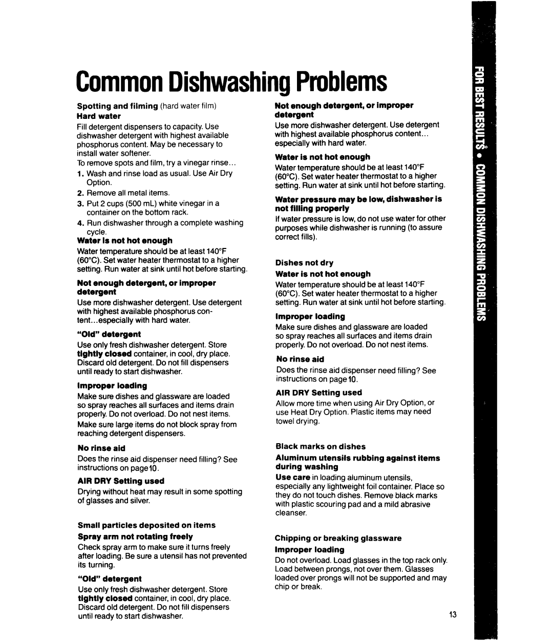 Whirlpool DU500OXW, DU4099XX manual CommonDishwashingProblems 
