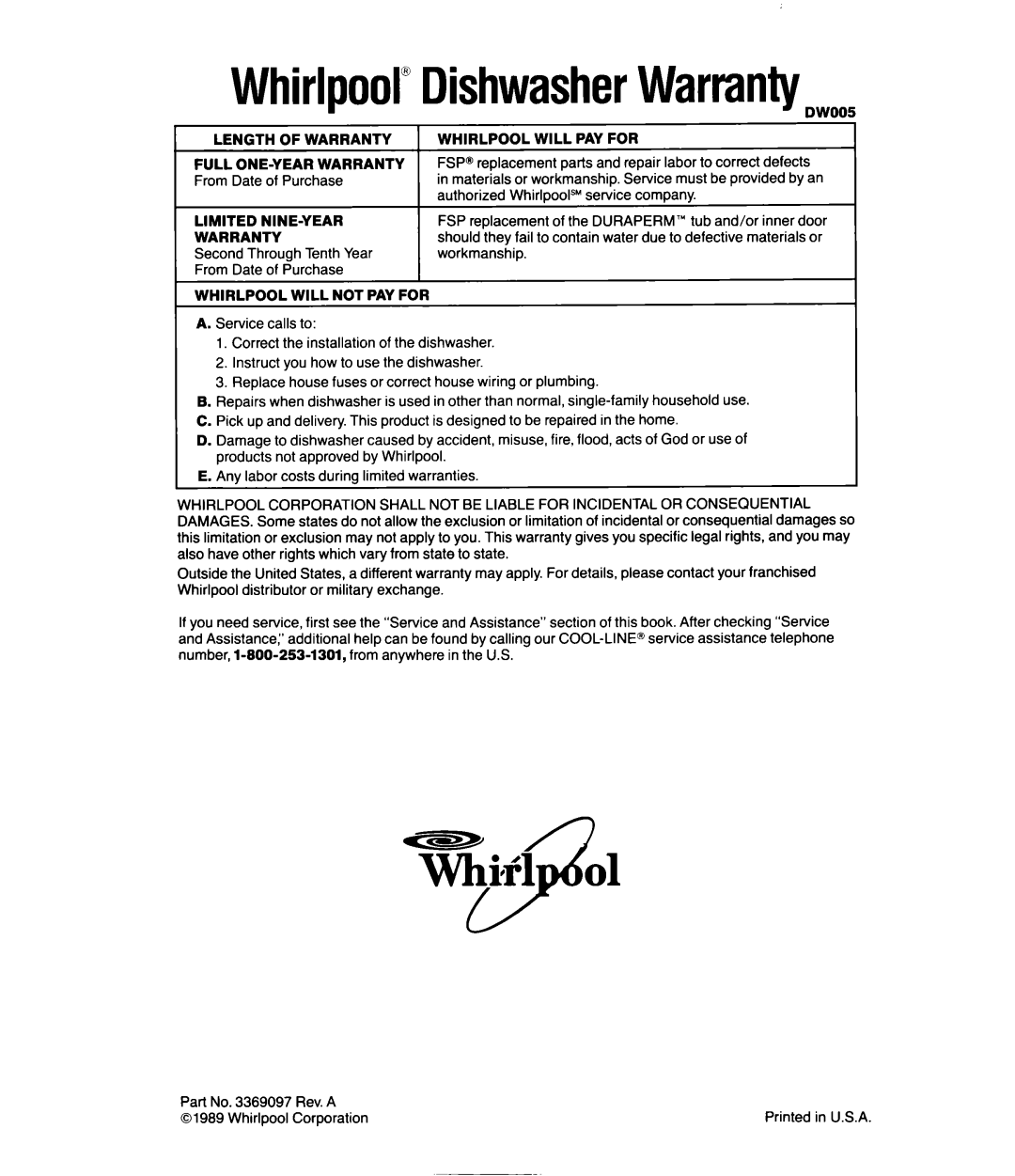 Whirlpool DU4099XX, DU500OXW manual Whirlpool”DishwasherWarranty 