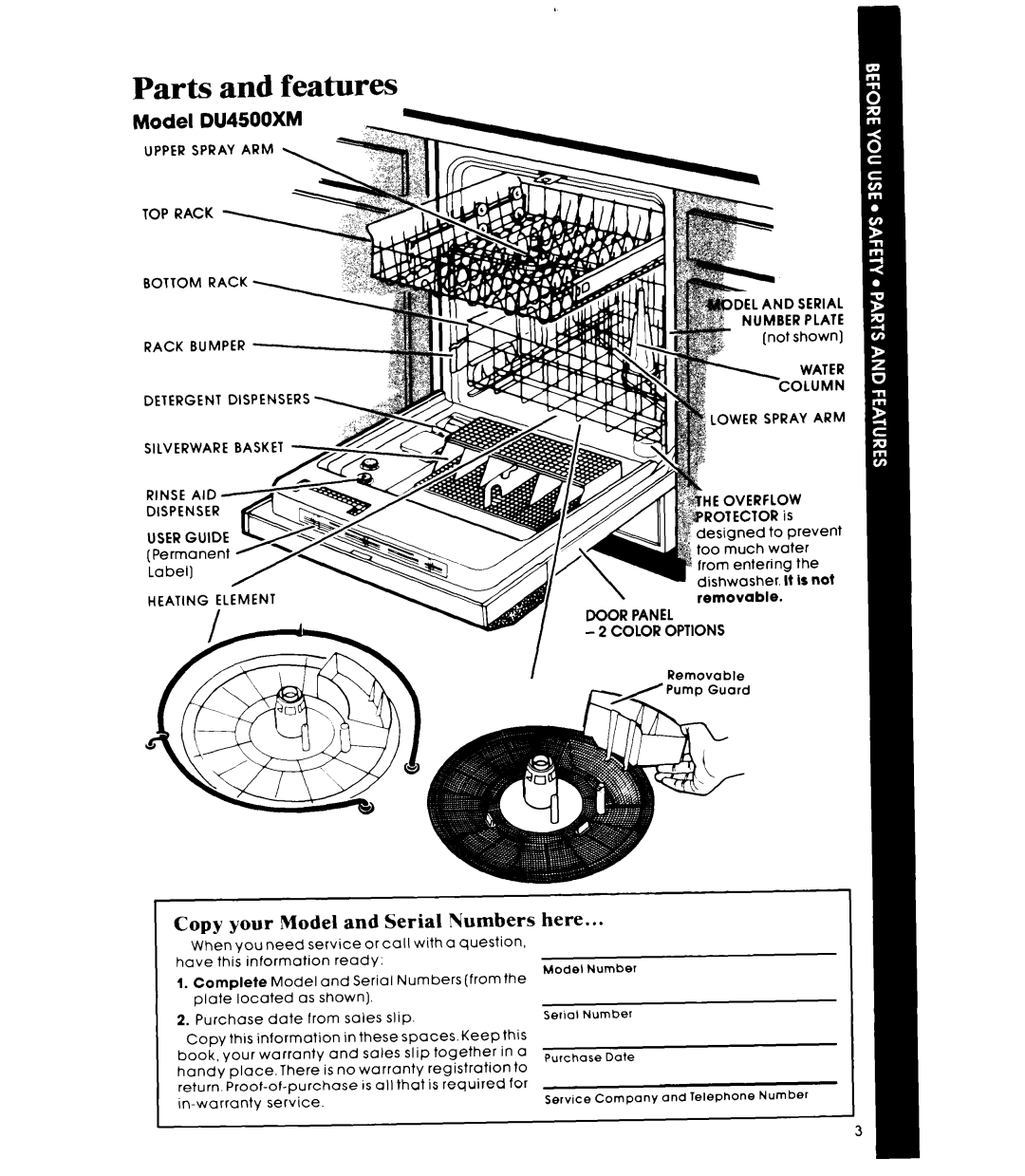 Whirlpool DU4500XM manual Parts and features, Water Column Lower Spray ARM, Door Panel Color Options 