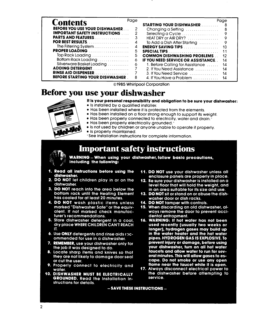 Whirlpool DU4500XM manual Contents, Before you use your dishwasher 