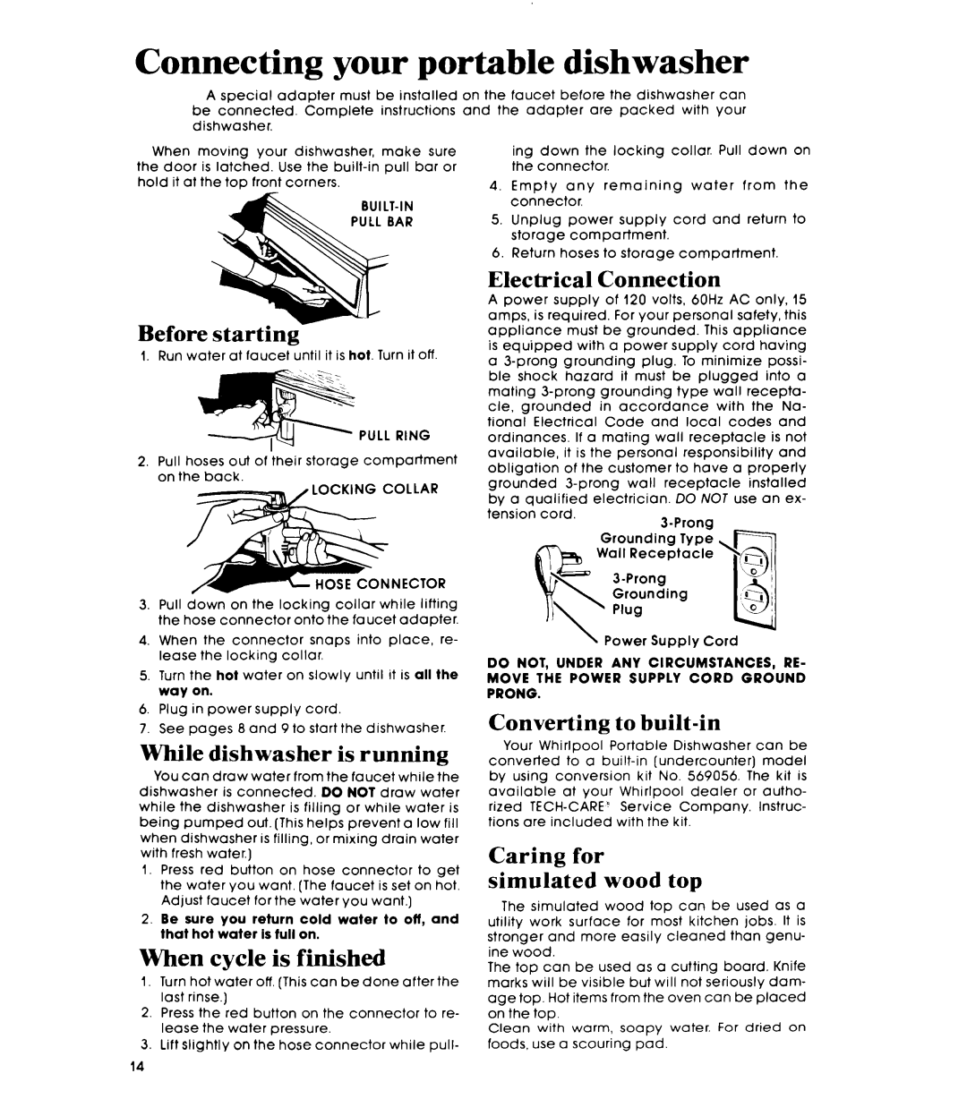 Whirlpool DU5004XM, DP6881XL manual Before, While dishwasher is running, Electrical Connection, Converting to built-in 