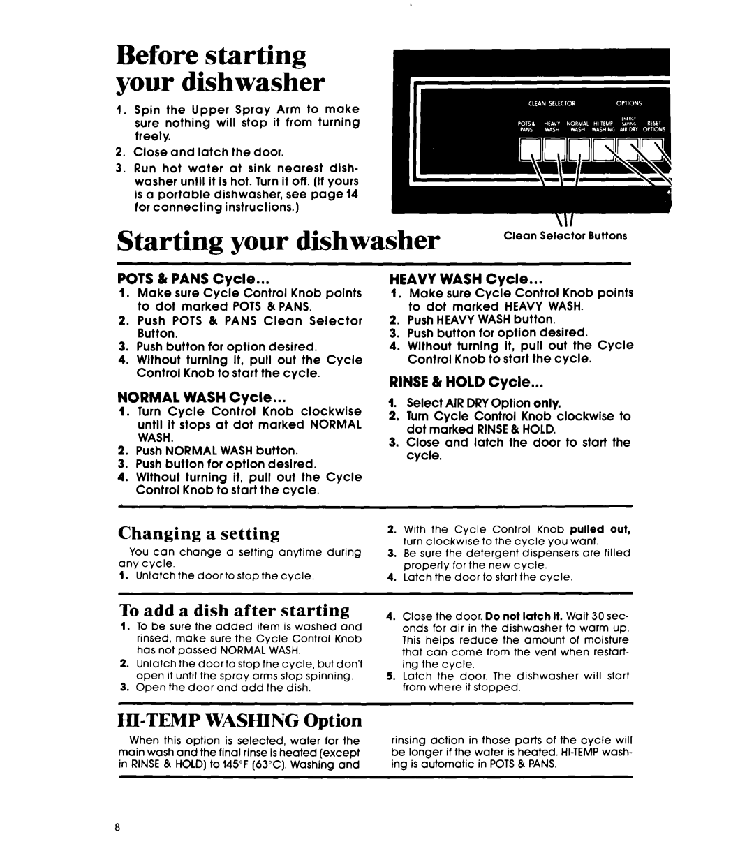 Whirlpool DU5004XM, DP6881XL manual Changing a setting, To add a dish after starting, HI-TEMP Washing Option 