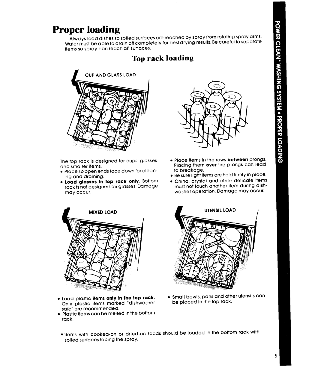 Whirlpool DU5040XP manual Proper loading, Top rack, Loading, CUP and Glass Load, Mixed Load 