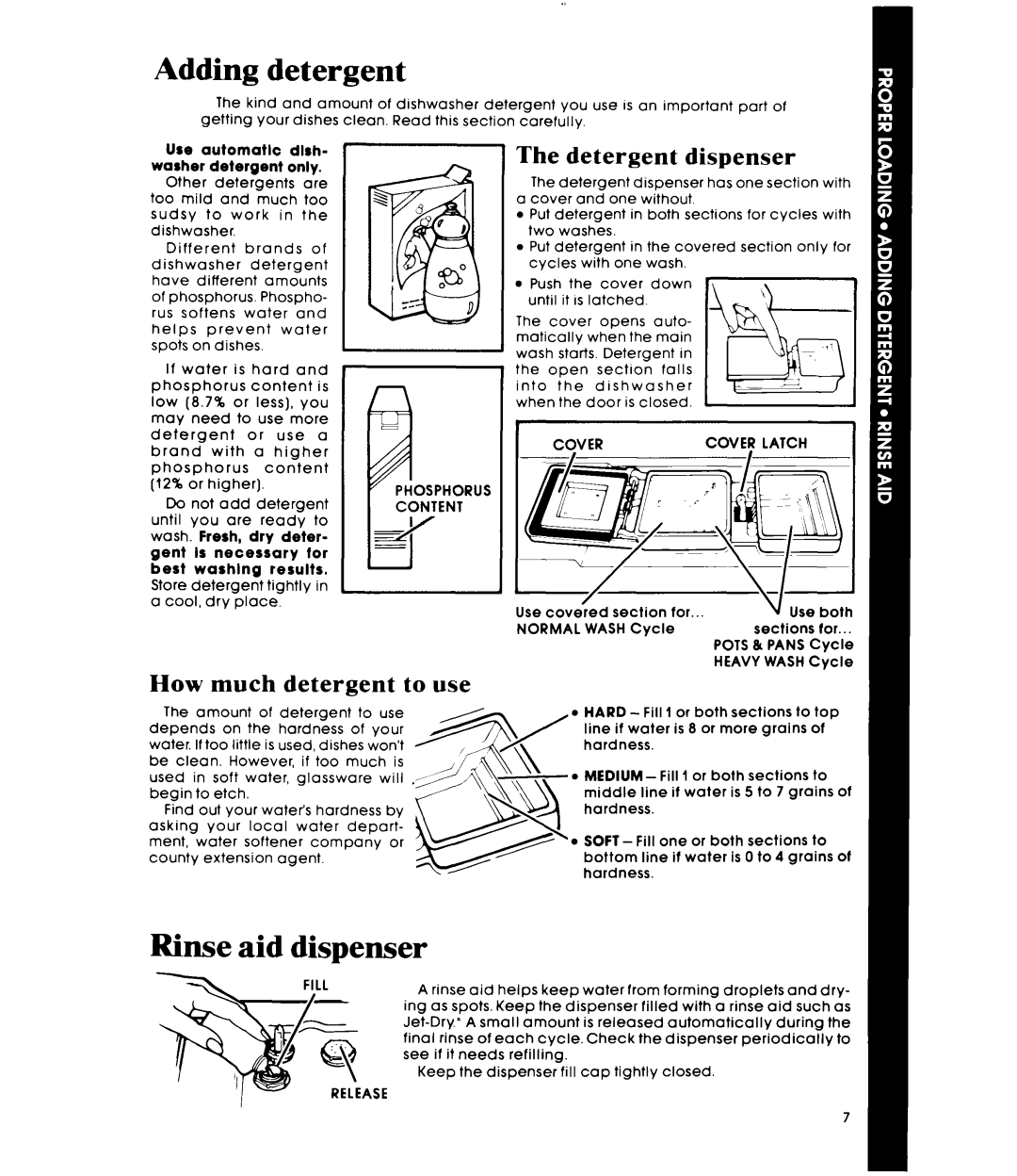 Whirlpool DU5040XP manual Adding detergent, Rinse aid dispenser, Detergent dispenser, How much detergent to use 