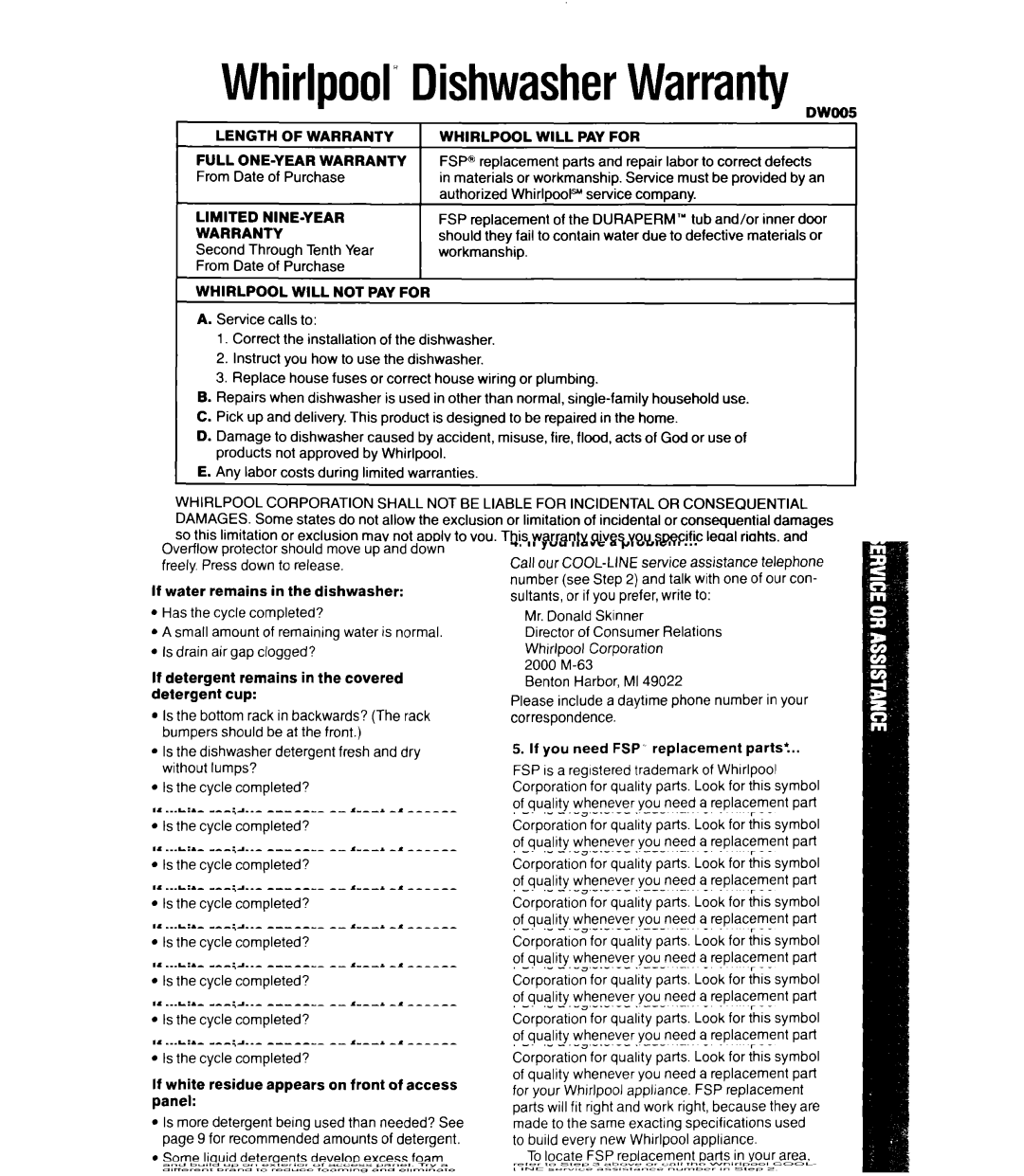 Whirlpool DU5200XW manual WhirlpoolDishwasherWarranty, Full ONE-YEAR Warranty From Date of Purchase 