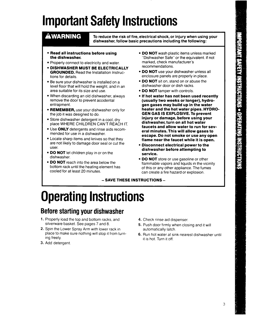 Whirlpool DU5200XW manual ImportantSafetyInstructions, OperatingInstructions, Beforestartingyour dishwasher 