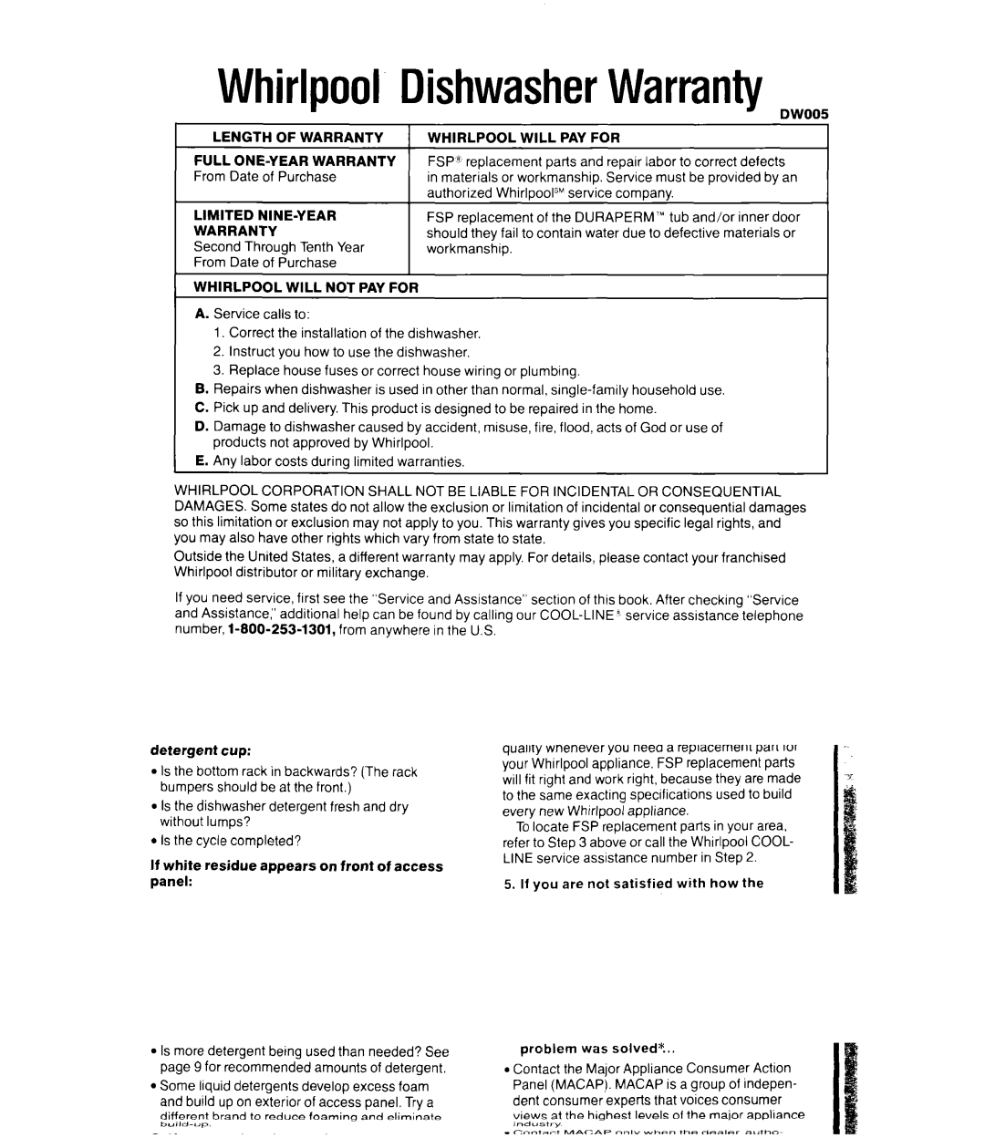 Whirlpool DU52l6XW manual WhirlpoolDishwasherWarrantyDWOO5, Second Through Tenth Year From Date of Purchase 