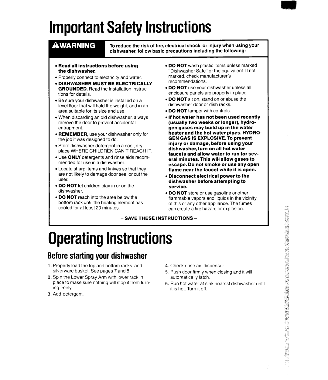 Whirlpool DU52l6XW manual ImportantSafetyInstructions, OperatingInstructions, Beforestartingyour dishwasher 