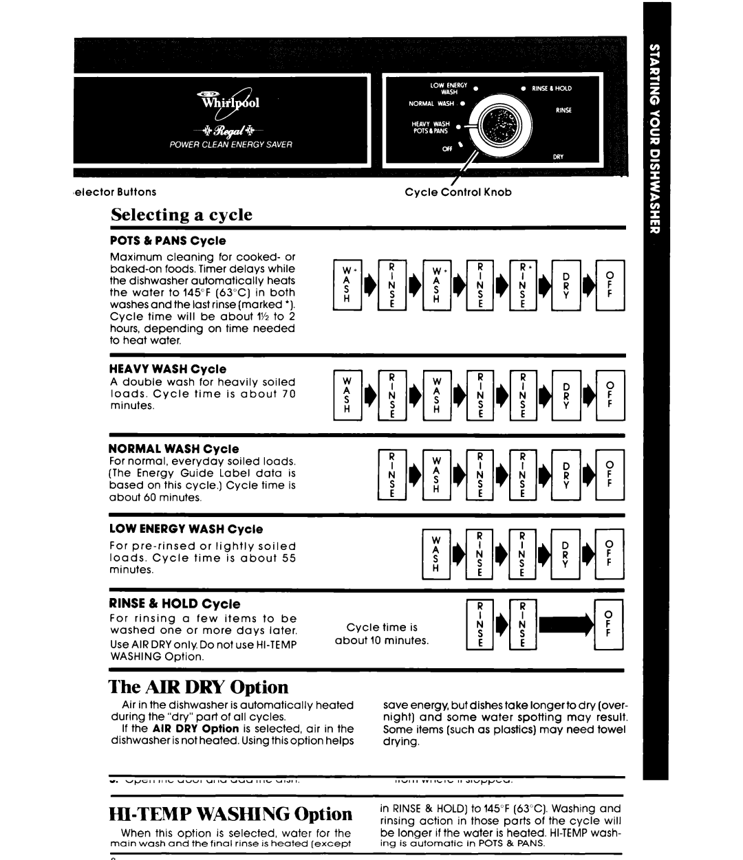 Whirlpool DU5504XM manual Selecting a cycle, AIR DRY Option, Reset Options Button 