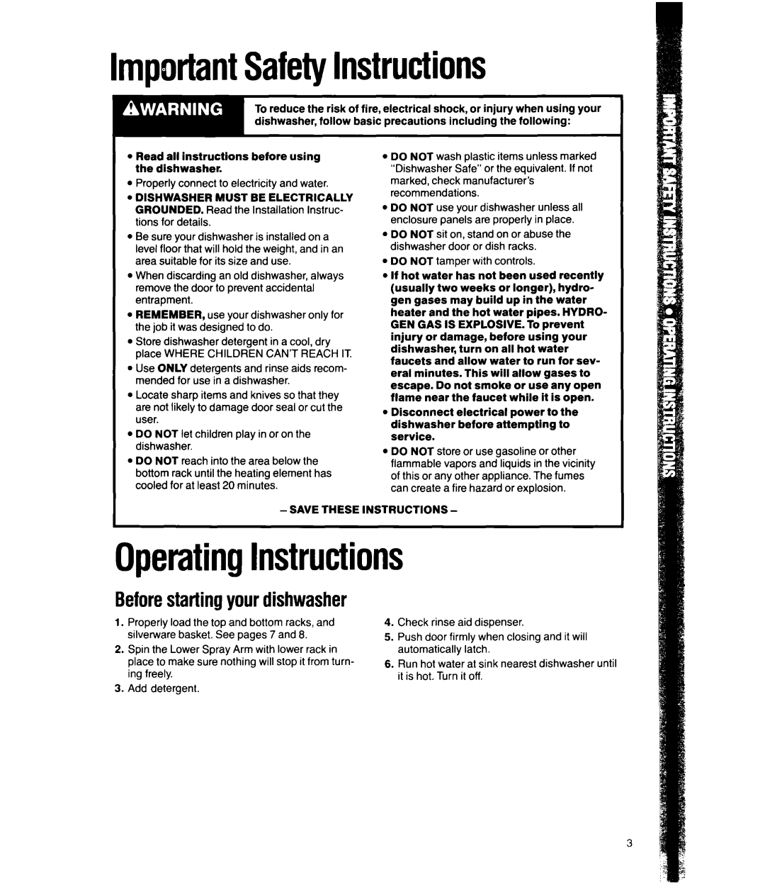 Whirlpool DU5000XW, DU5Ol6XW manual ImportantSafetyInstructions, OperatingInstructions 