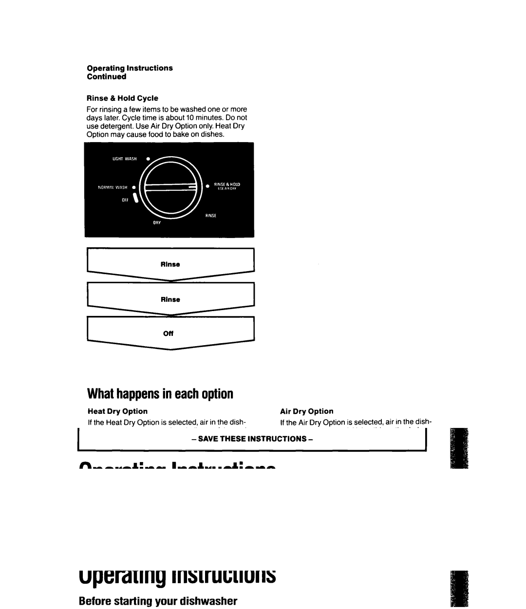 Whirlpool DU5Ol6XW, DU5000XW manual Whathappensin eachoption, Operating Instructions Rinse 8 Hold Cycle 