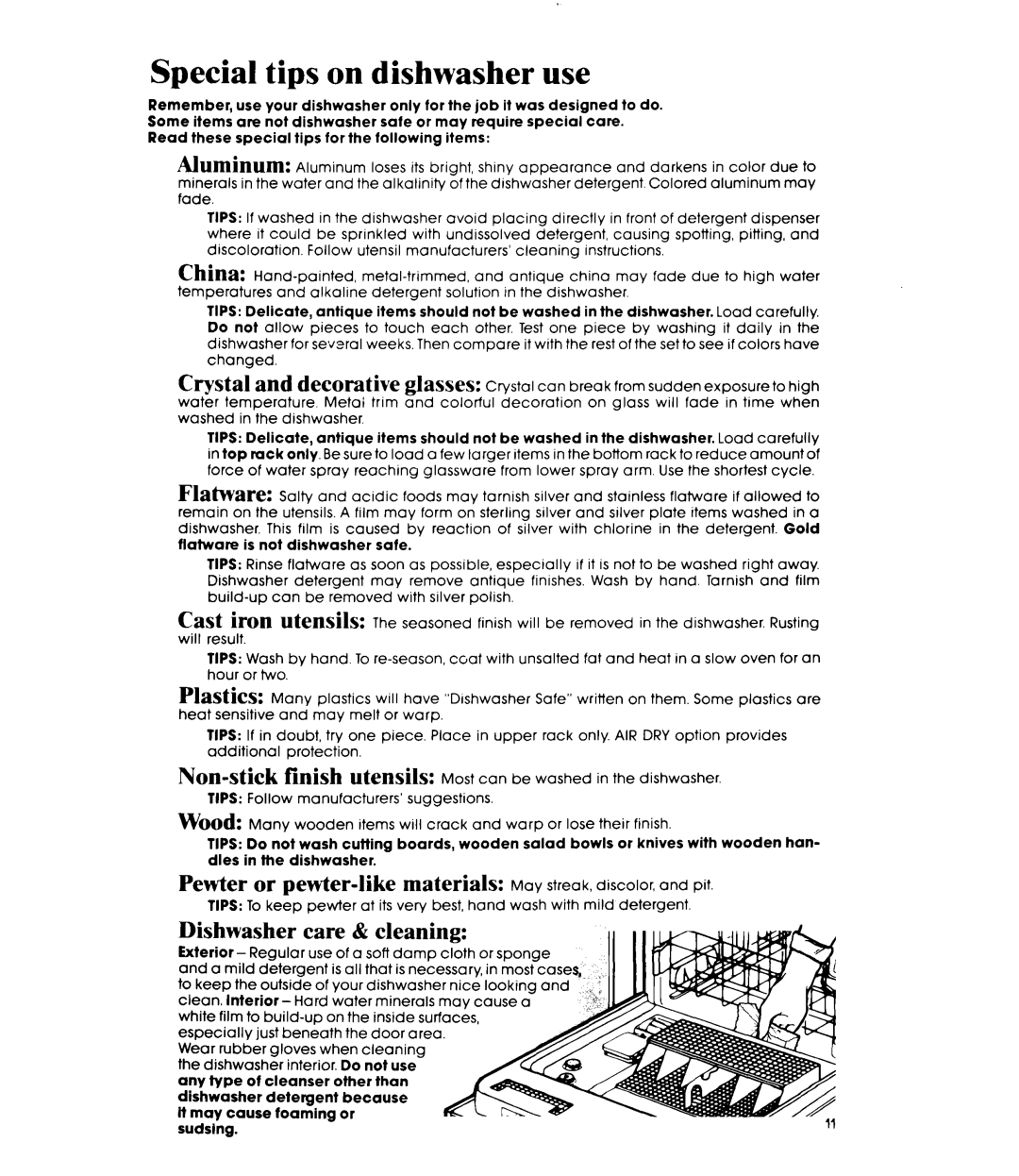 Whirlpool DU6000XR Series manual Special tips on dishwasher use, Dishwasher 