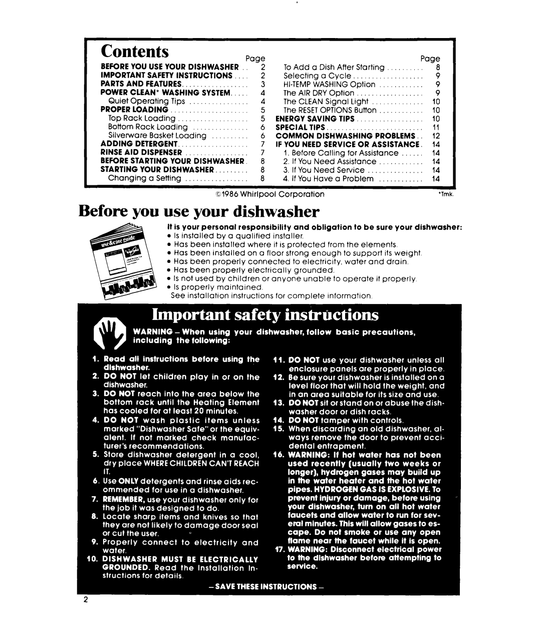 Whirlpool DU6000XR Series manual Contents 