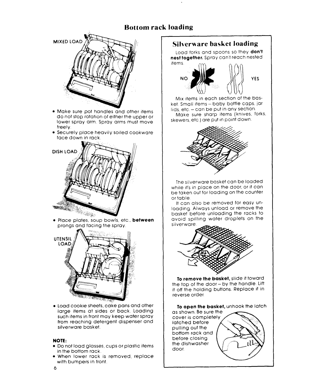 Whirlpool DU6000XR Series manual Bottom rack loading, Silveru,are Basket loading, Noyes 