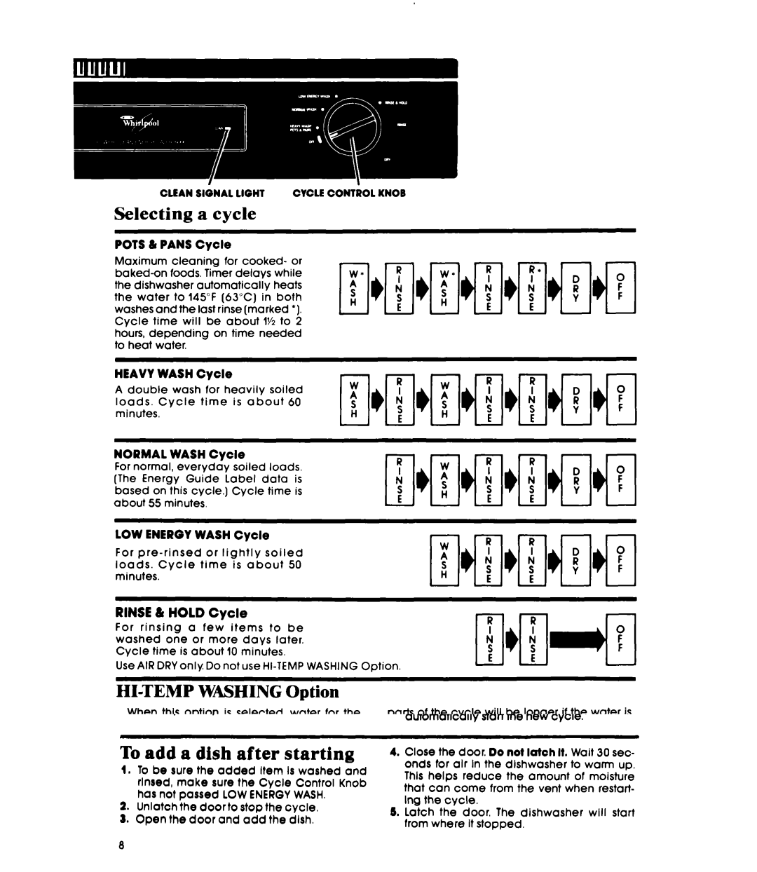 Whirlpool DU6000XR Series Selecting a cycle, HI-TEMP Washing Option, AIR DRY Option, Clean Sional Light Cycle Control Knob 