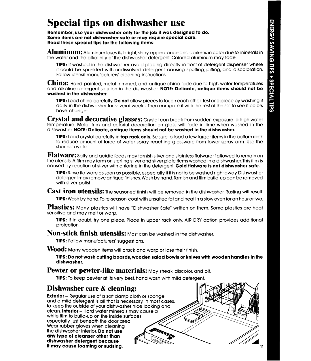 Whirlpool DU7200XS, DU7216XS manual Special tips on dishwasher use, Care & cleaning 