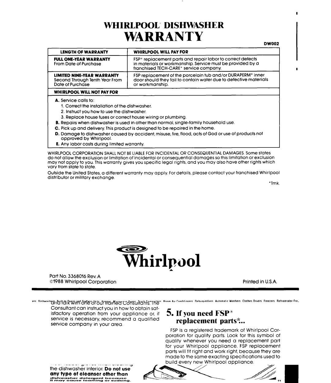 Whirlpool DU7216XS, DU7200XS manual Warranty 