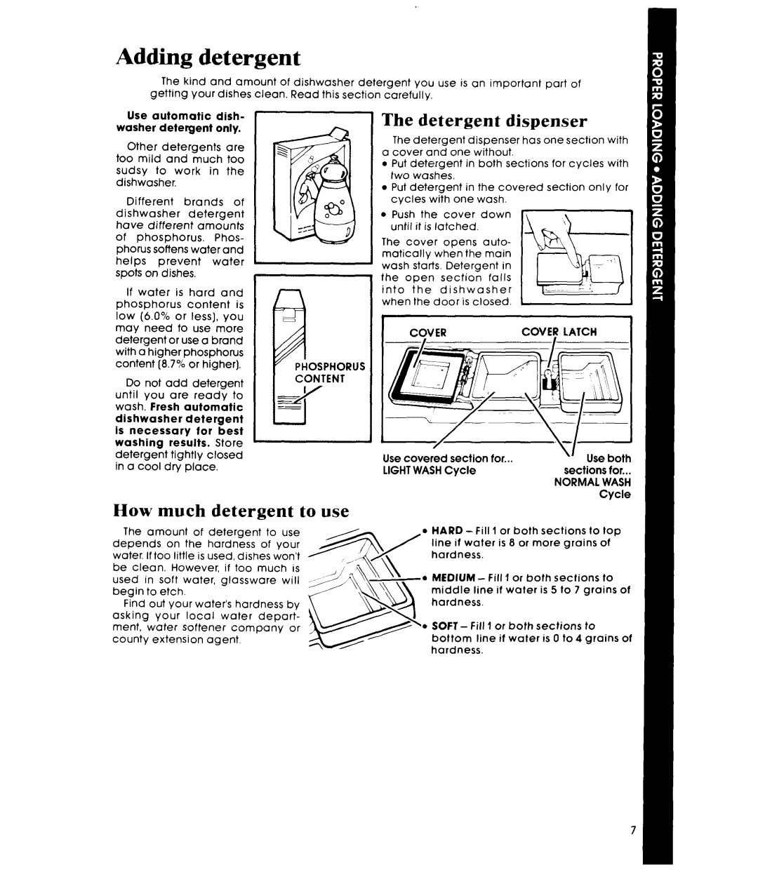 Whirlpool DU7200XS, DU7216XS manual Adding detergent, Detergent dispenser, How much detergent to use 