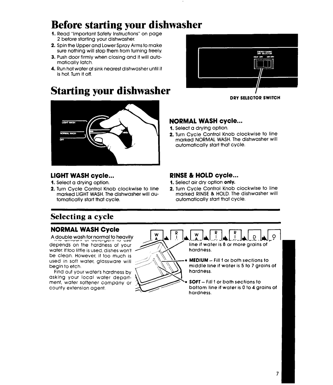 Whirlpool DU7216XS, DU7200XS manual Before starting your dishwasher, Selecting a cycle 