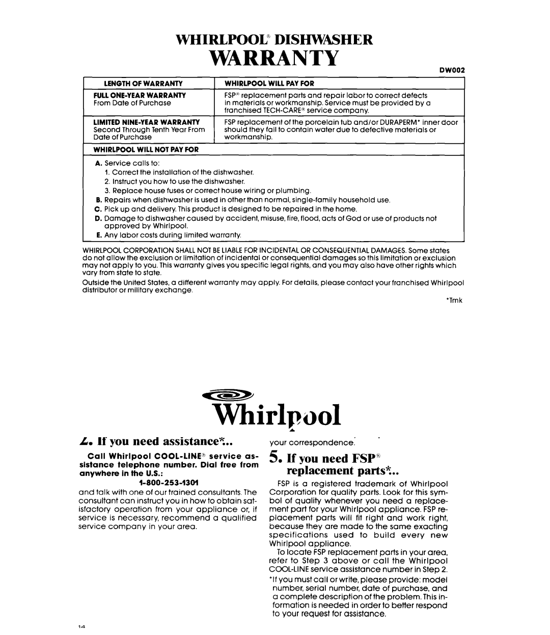 Whirlpool DU7400XS manual Warranty 