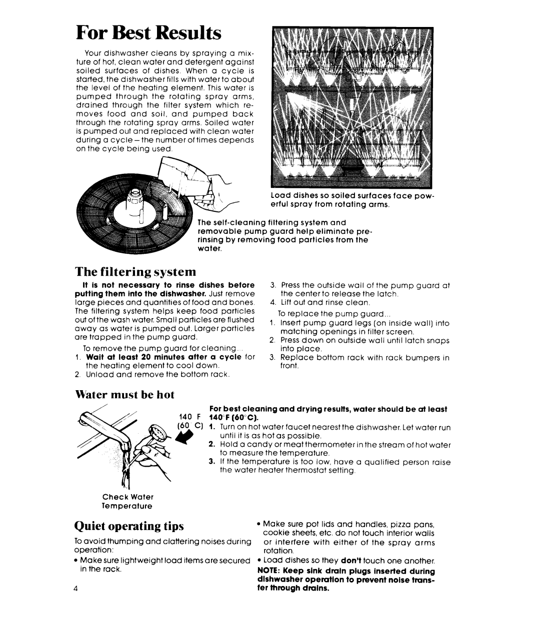 Whirlpool DU7400XS manual Filtering system, Quiet operating tips 