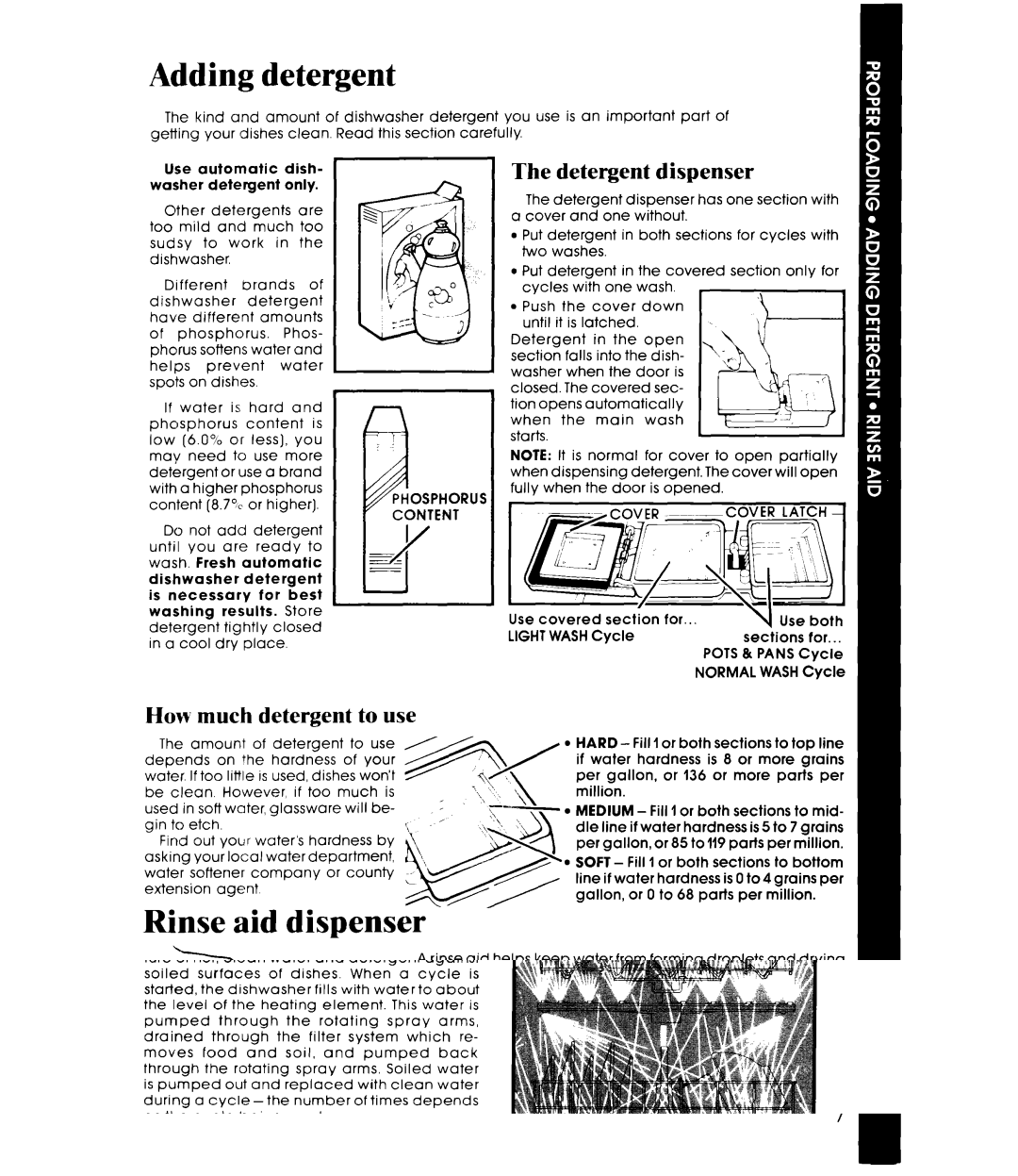 Whirlpool DU7400XS manual Adding detergent, Rinse aid dispenser, Detergent dispenser, How much detergent to use 