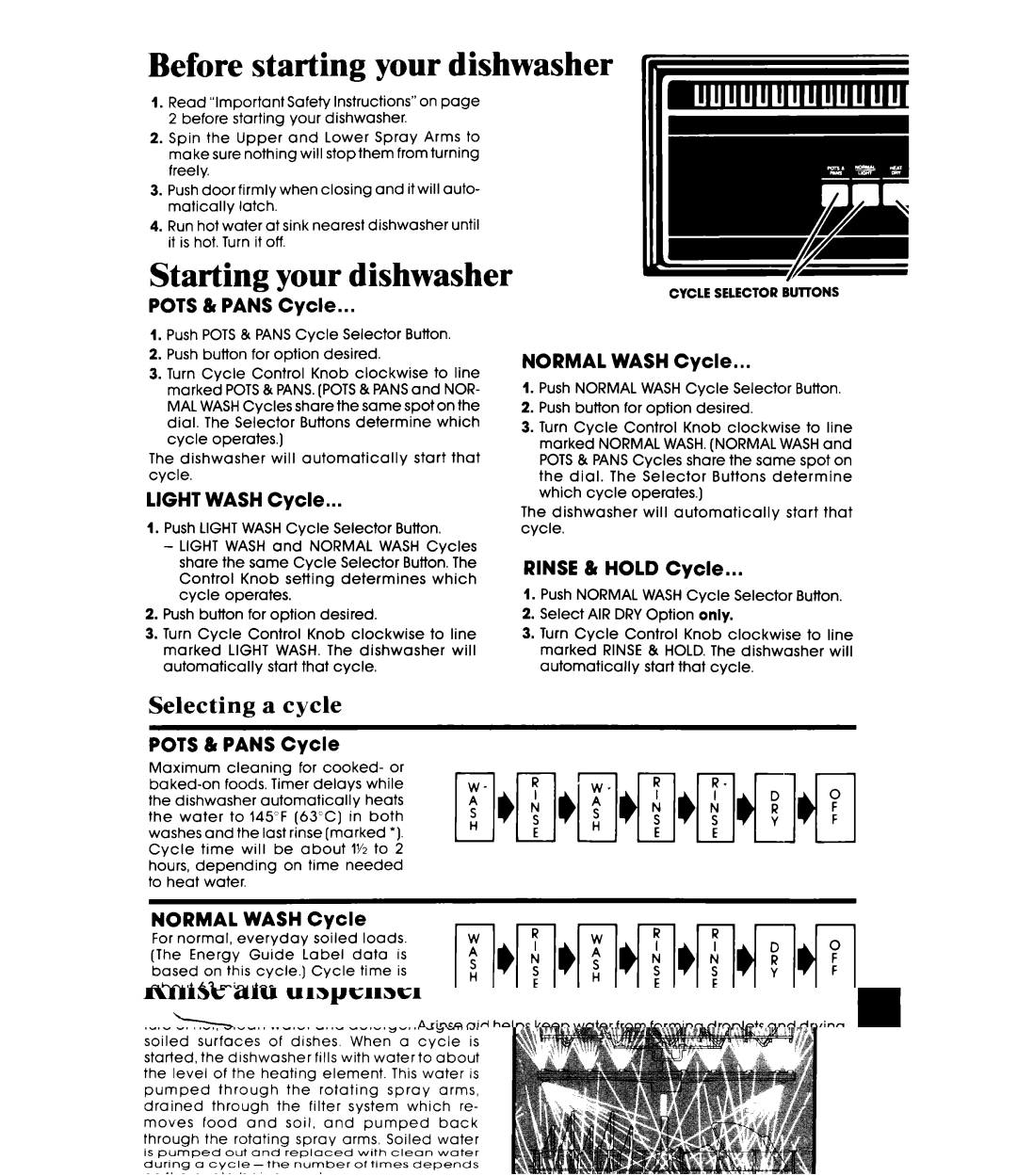 Whirlpool DU7400XS manual Before starting your dishwasher, Starting your dishwasher, Selecting a cycle 