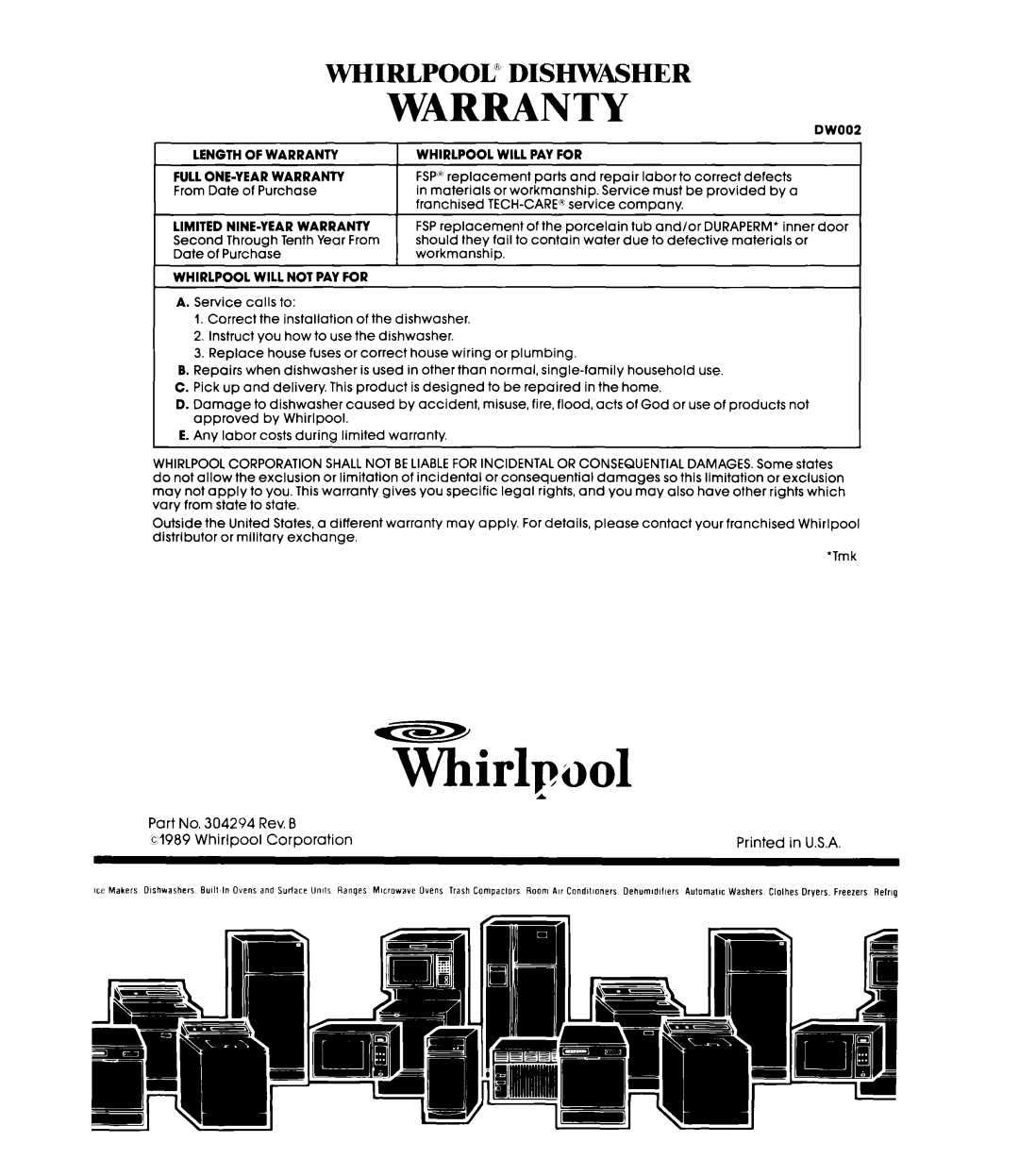 Whirlpool DU7400XS manual Whirlpool” Diswmher, Warranty 