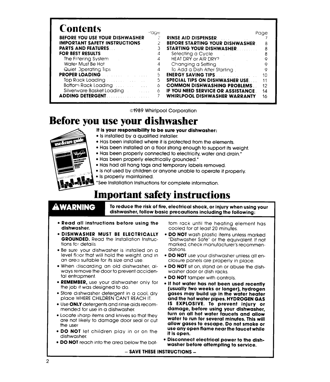 Whirlpool DU7400XS manual Before you use your dishwasher, kportant safety instructions, Contents 