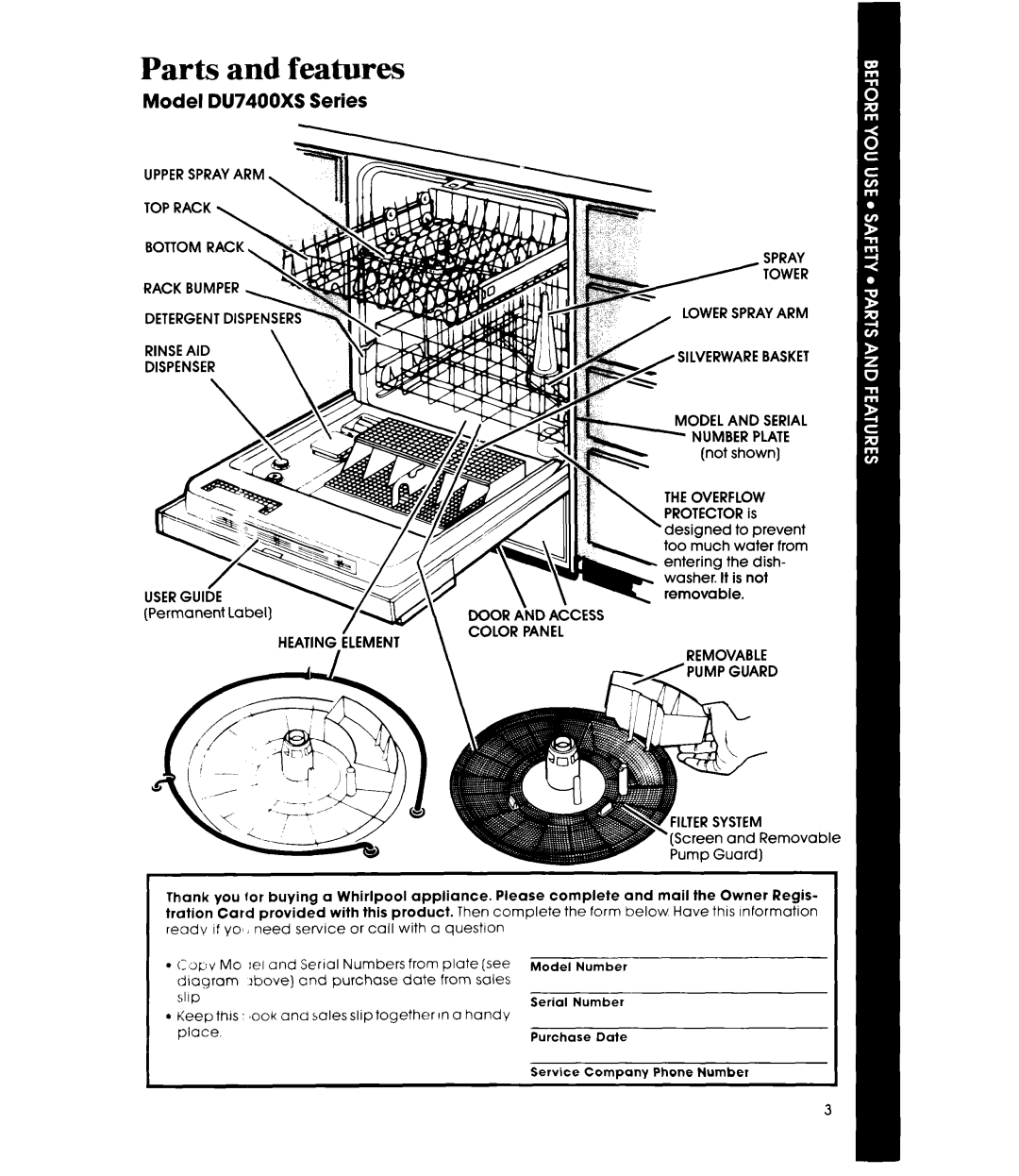 Whirlpool manual Parts and features, Model DU7400XS Series 