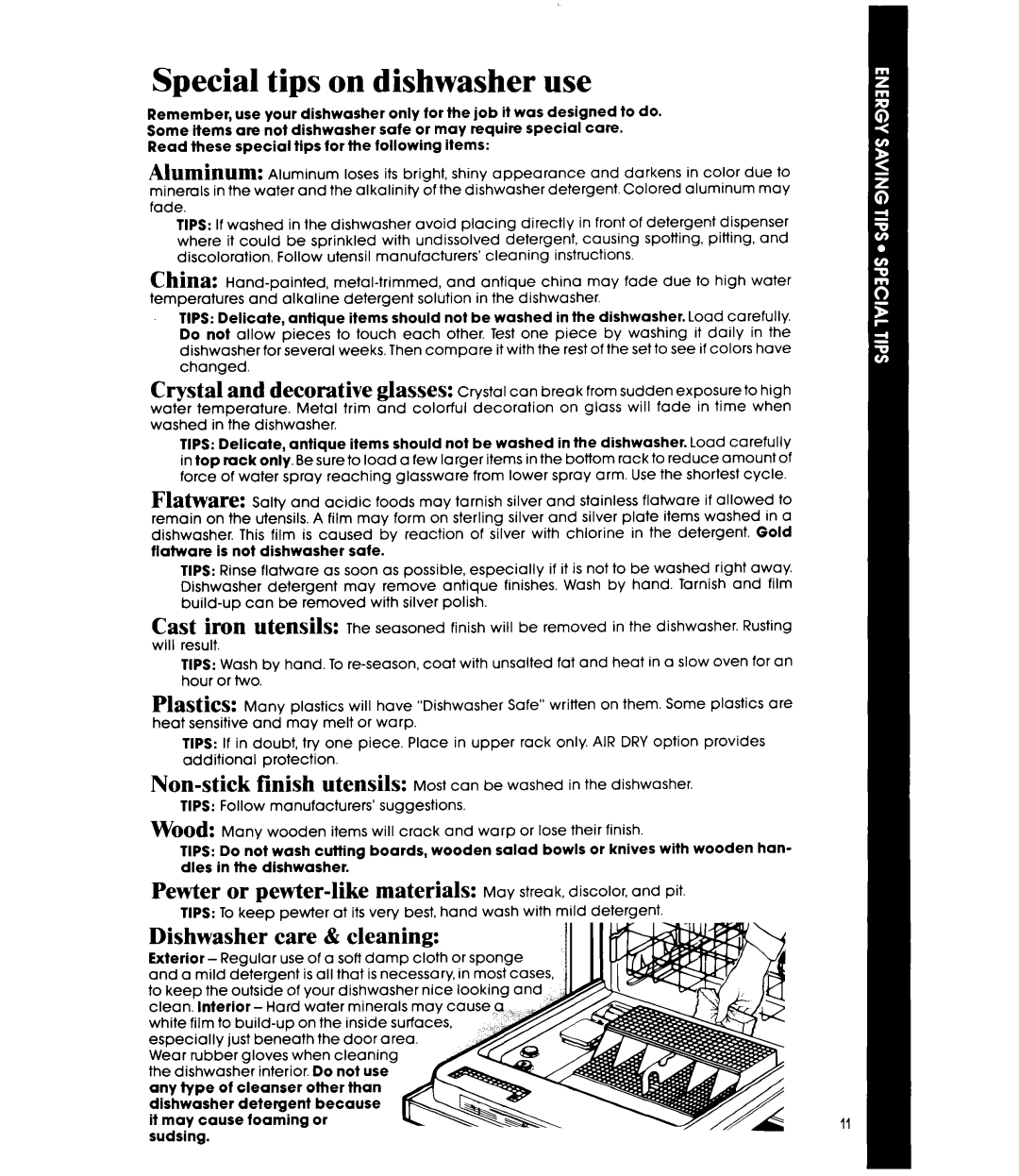 Whirlpool DU7500XR Series manual Non-stick finish UteUSik, Dishwasher care & cleaning 