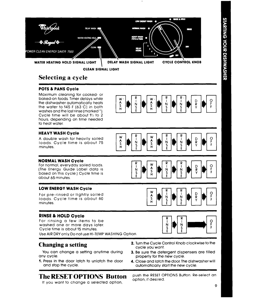 Whirlpool DU7500XR Series manual Selecting a cycle, Changing a setting, Reset Options Button 