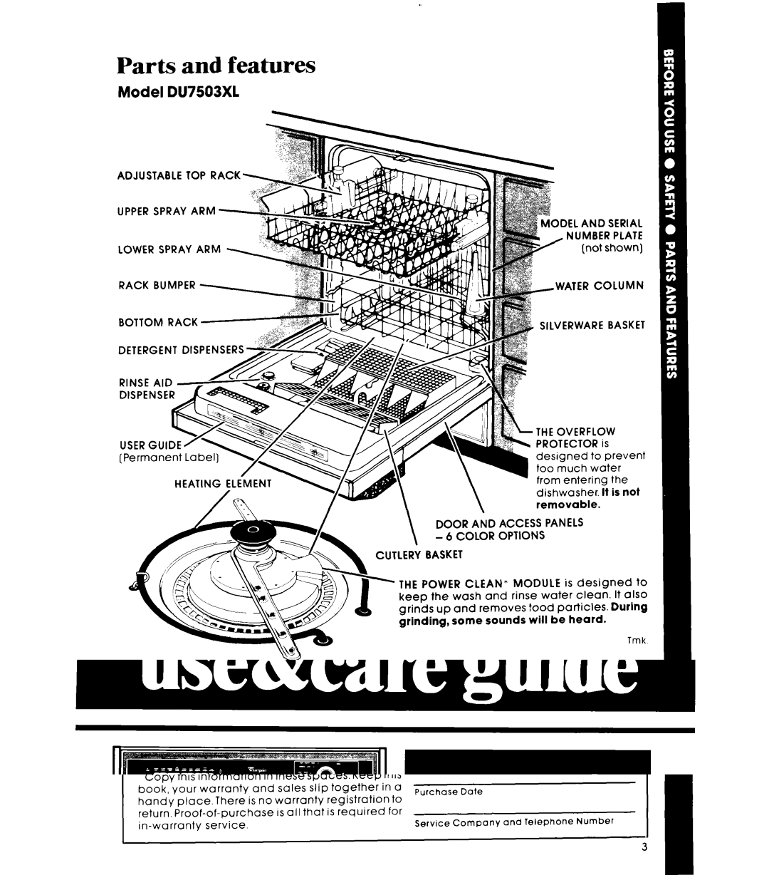 Whirlpool manual Parts and features, Model DU7503XL 