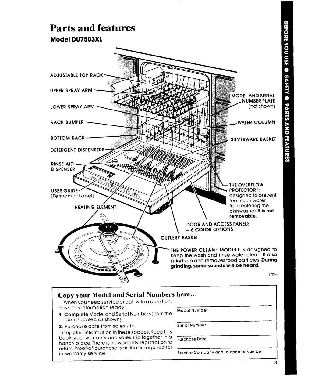 Whirlpool manual Parts and features, Model DU7503XL, Copy your Model and Serial Numbers here 