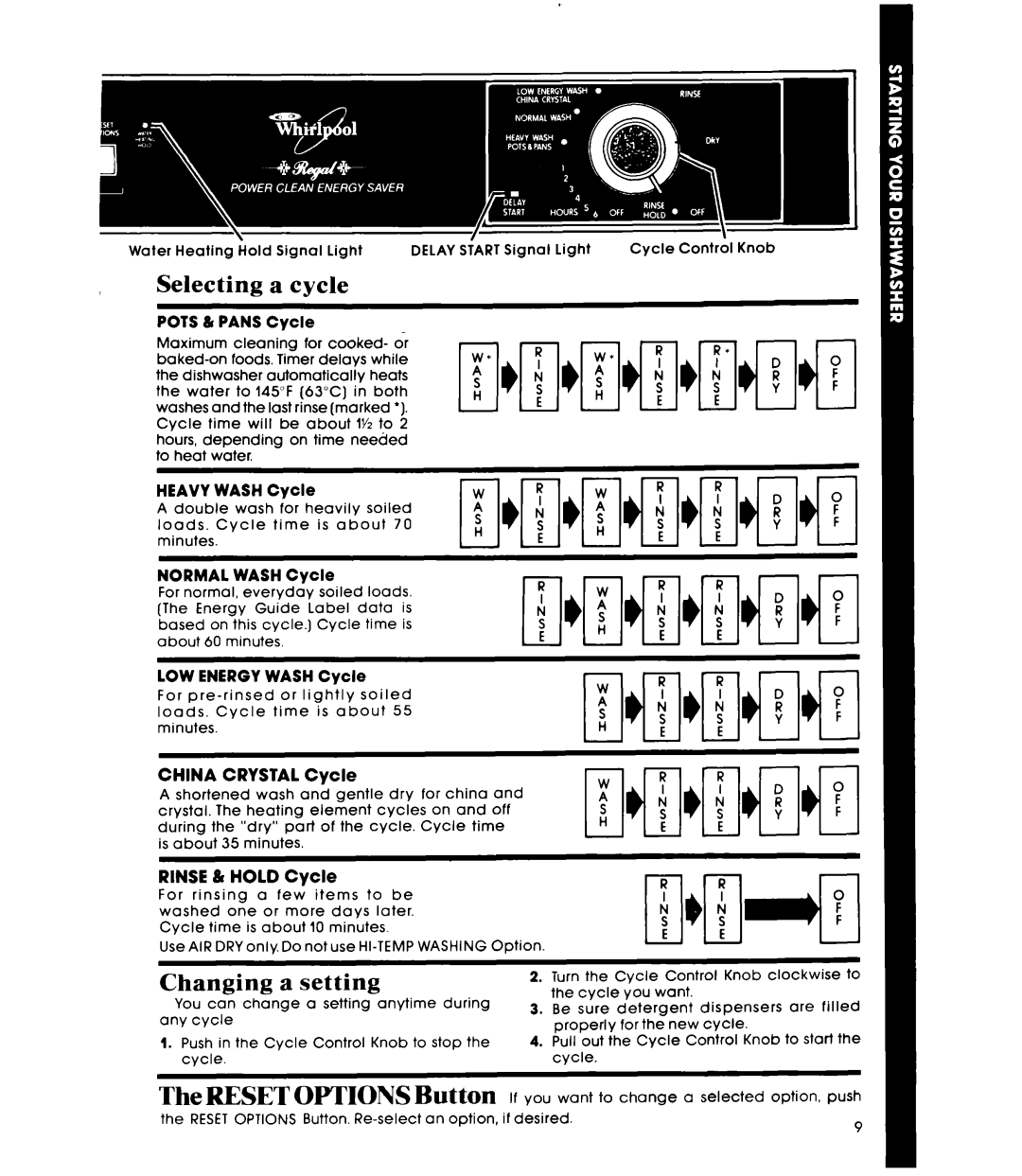 Whirlpool DU7503XL manual Selecting a cycle, Changing, a setting, CHINA CRYSTAL Cycle, RINSE & HOLD Cycle 