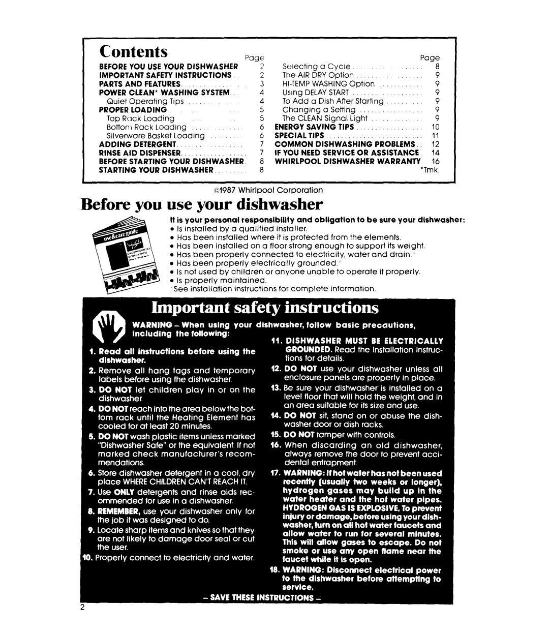 Whirlpool DU7600XS manual Contents 