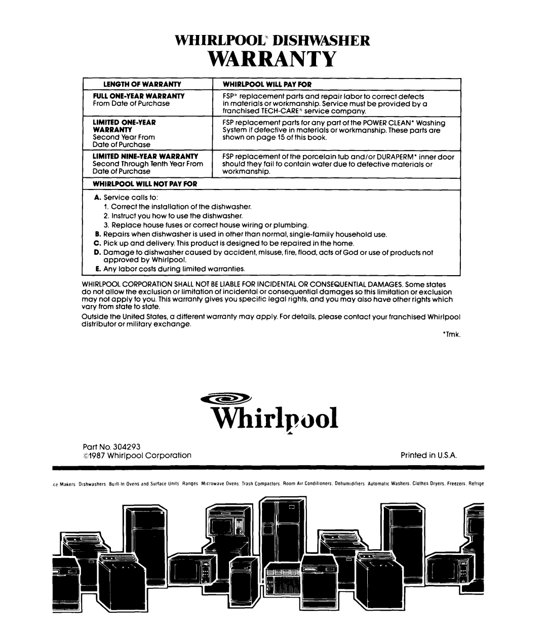 Whirlpool DU7600XS manual Whirlpooi ”, Diswmher, Whirlp001, Warranty 