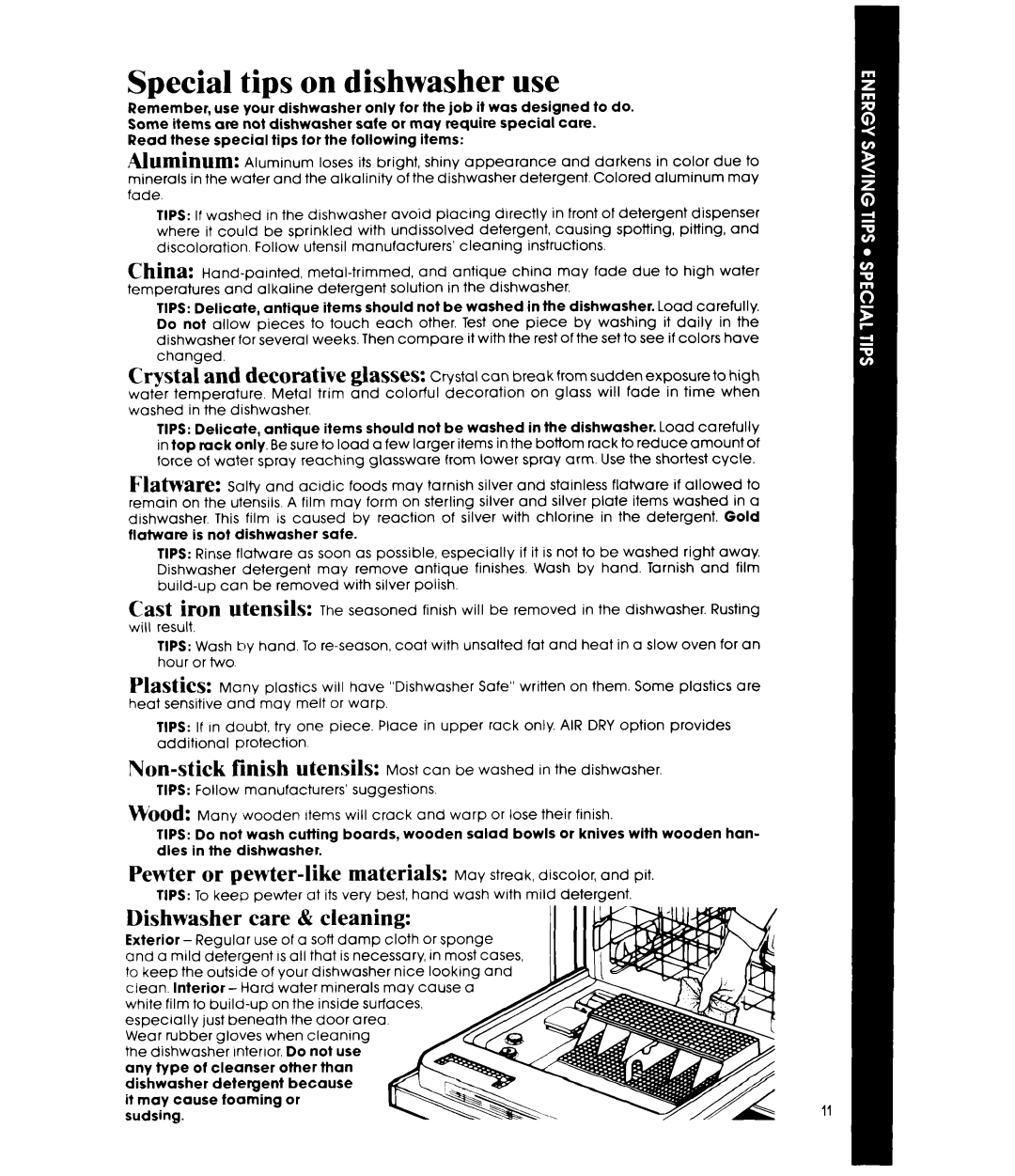 Whirlpool DU7770XS manual Decorative gasses, Dishwasher care & cleaning, Non-stick finish u&!nSilS 