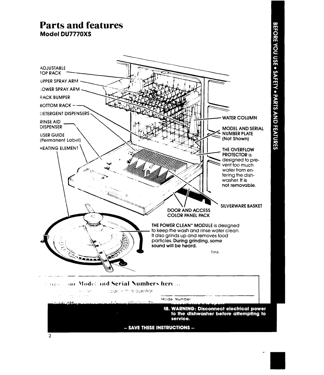 Whirlpool DU7770XS manual Parts and features, Adjustable, Heating Element \ Water Column Model and Serial, Overflow 