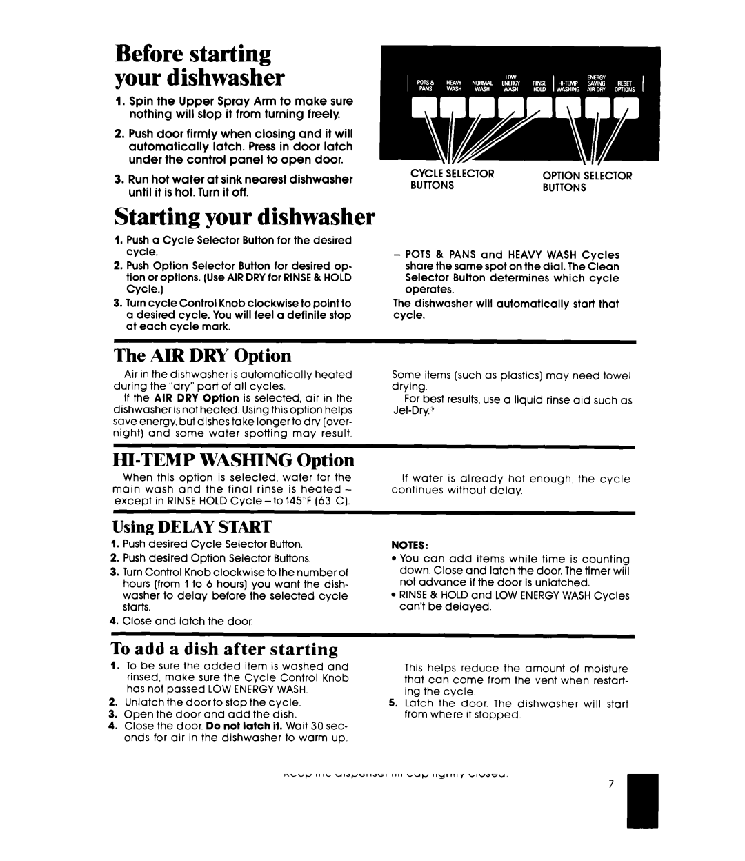 Whirlpool DU7770XS manual AIR DRY Option, HI-TEMP Washing Option, Using Delay Start, To add a dish after starting 