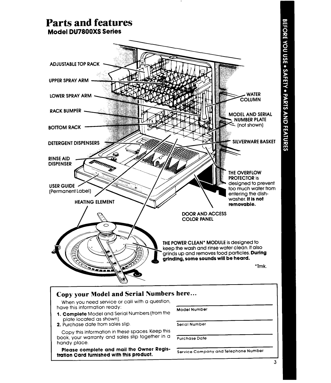 Whirlpool DU78OOXS manual Parts and features, Bottom Rack Detergent Dispensers Rinse AID, Heating Element Serial Iber Platf 