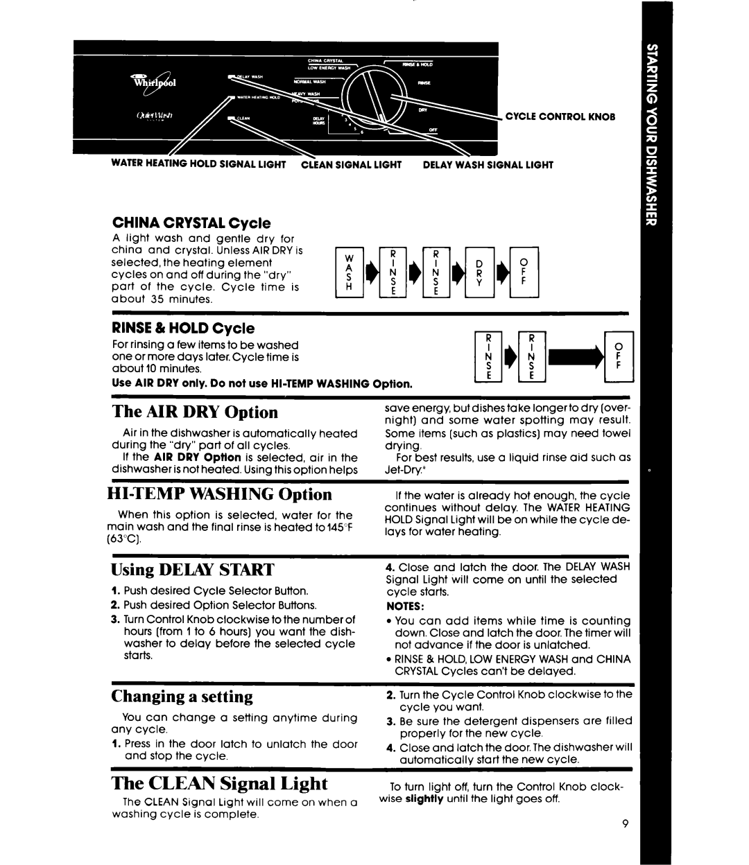 Whirlpool DU78OOXS AIR DRY Option, Using DEW Start, Clean Signal Light, Water Heating Hold Signal Light &AN Signal Light 