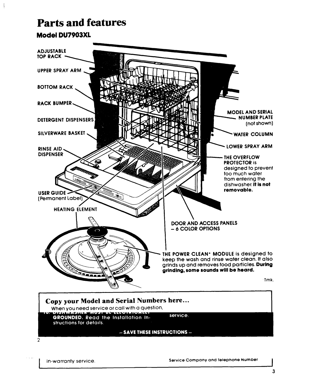 Whirlpool manual Parts and features, Model DU7903XL 