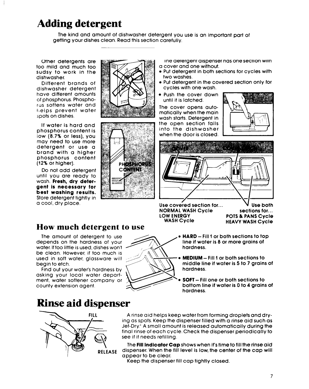 Whirlpool DU7903XL manual Adding detergent, Rinse aid dispenser 