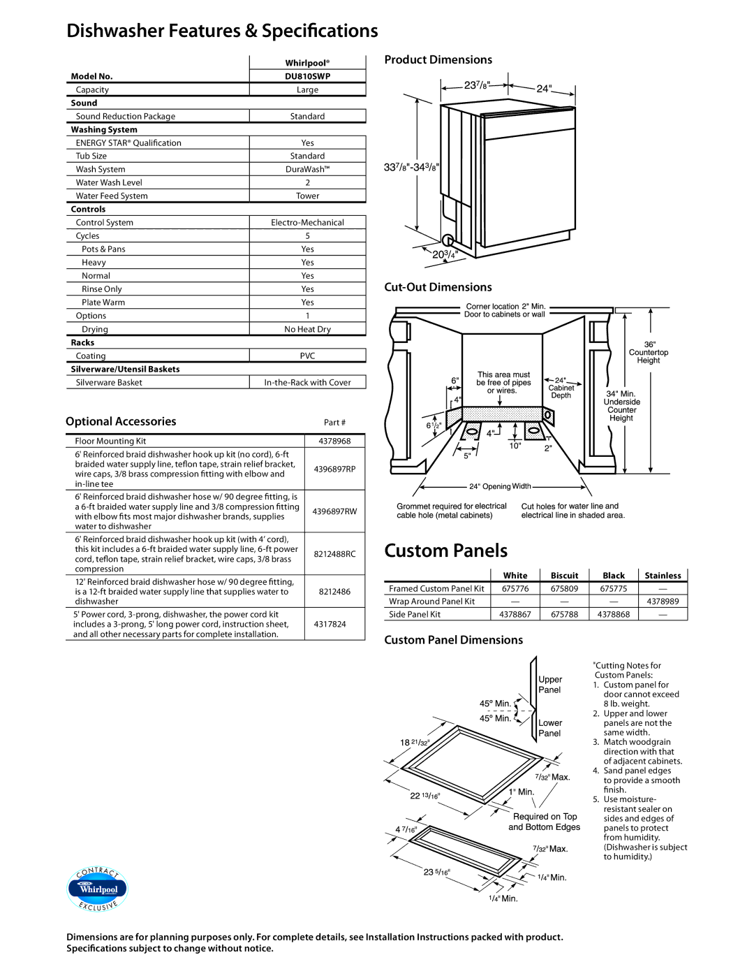 Whirlpool DU810SWP Dishwasher Features & Specifications, Custom Panels, Optional Accessories, Custom Panel Dimensions 